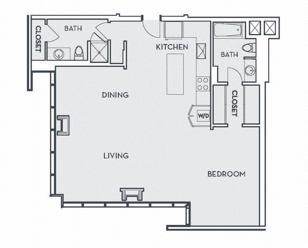 Floor plan for 1 bed, 2 baths, 1100 sqft